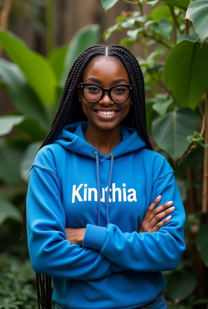(photorealism:1.2), beautiful black African woman,22 years,sharp boobs, smiling wearing a fitting blue hoodie written "Kinuthia",long braids, black oversized photo chromatic glasses, standing , plants in background cardi B inspiration