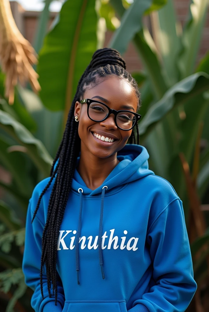 (photorealism:1.2), beautiful black African woman,22 years,sharp boobs, smiling wearing a fitting blue hoodie written "Kinuthia",long braids, black oversized photo chromatic glasses, standing , plants in background cardi B inspiration