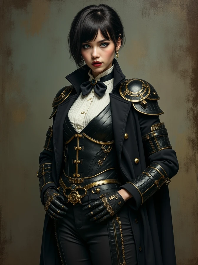 full body shot of one Beautiful woman. dark brown hair, pixie haircut. blue eyes. daring outfit. goth tomboy. maidenly charm. butler sirt and bowtie under Knightly cyber armor. golden accessories. Napoleonic trenchcoat. Dark sci-fi. Warhammer 40k. Dieselpunk. baroque oil painting.
