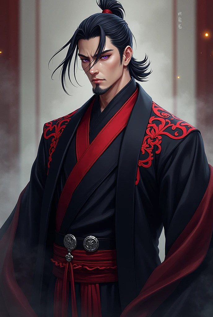 A 33-year-old man, short black hair combed back with a lock of white hair, a Ductkail-style beard, wears black imperial clothing with red details, purple eyes