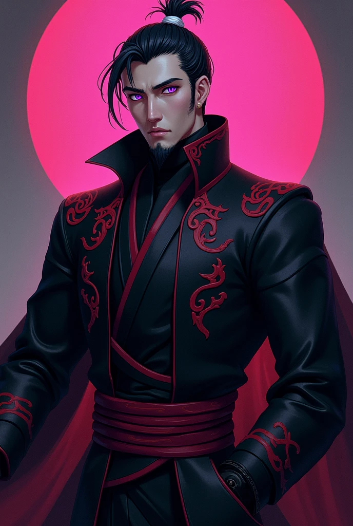 A 33-year-old man, short black hair combed back with a lock of white hair, a Ductkail-style beard, wears black imperial clothing with red details, purple eyes