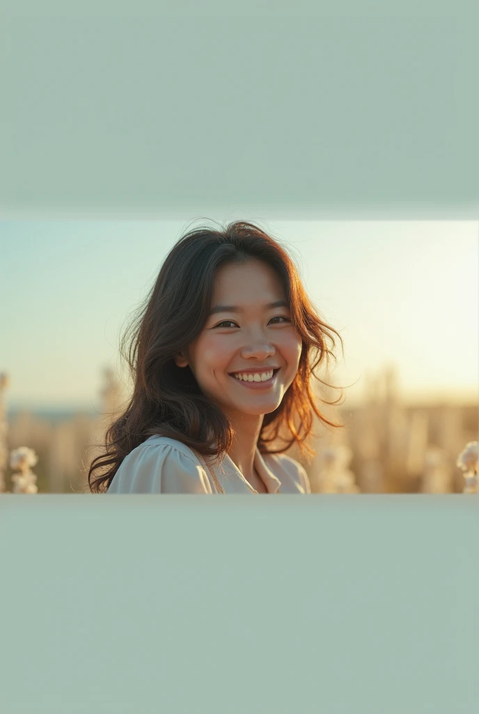 High resolution, accurate, Highest quality, One person, 40s long hair, chest, smile, Feet out of frame, 