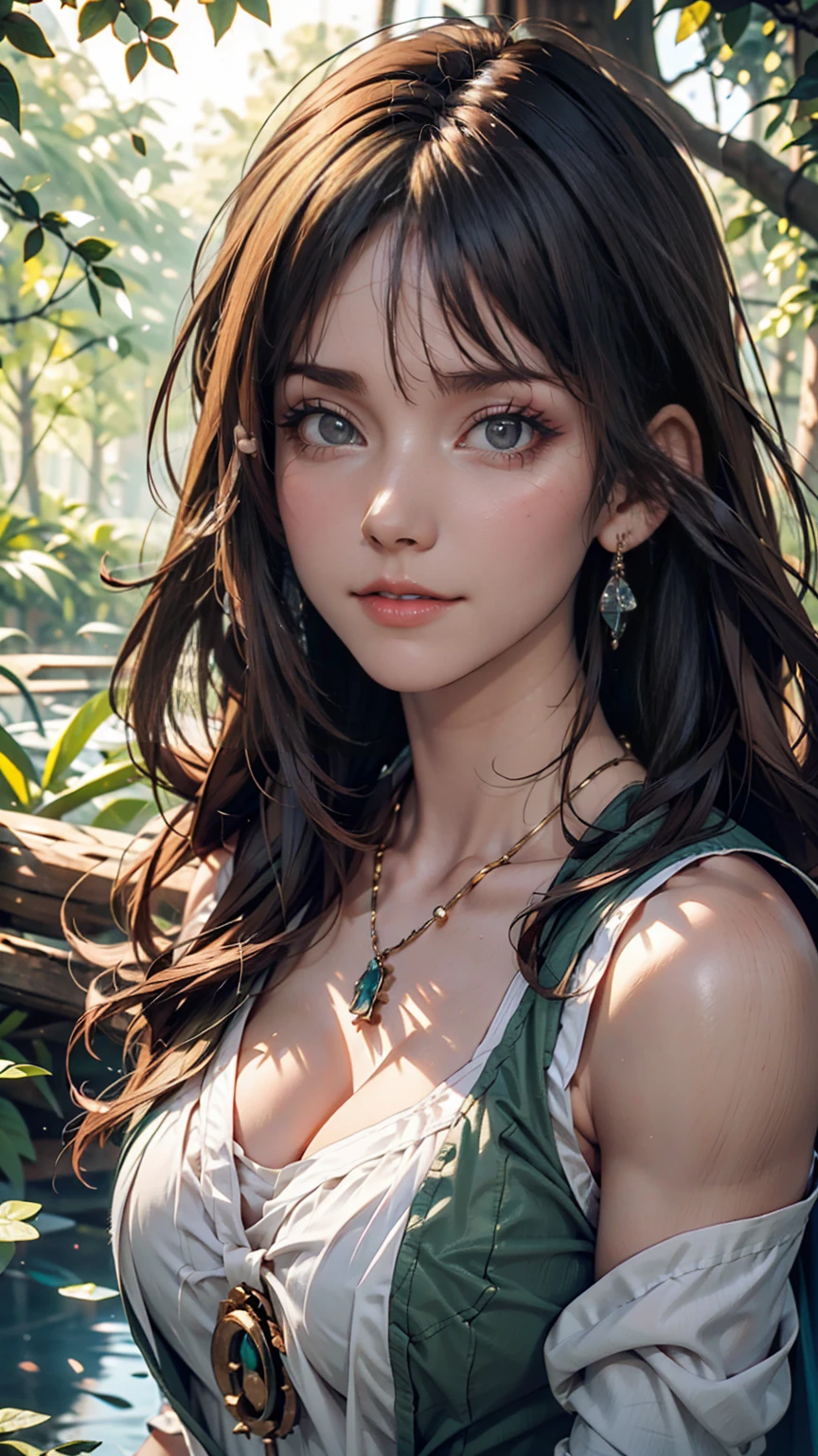 mj3d style,3dmm,3d,(masterpiece, Highest quality:1.1), Ghibli style, Mr. Miss. (mononoke hime), One person, Bracelet, bangs, Black Hair, black undershirt, chest, Cape, Circlet, Earrings, Face Paint, Floating Hair, forest, fur Cape, Green Eyes, jewelry, View your viewers, medium chest, nature, necklace, Outdoor, parted bangs, shirt, short hair, No sleeve, No sleeve shirt, alone, tooth necklace, wood, Upper Body, white shirt