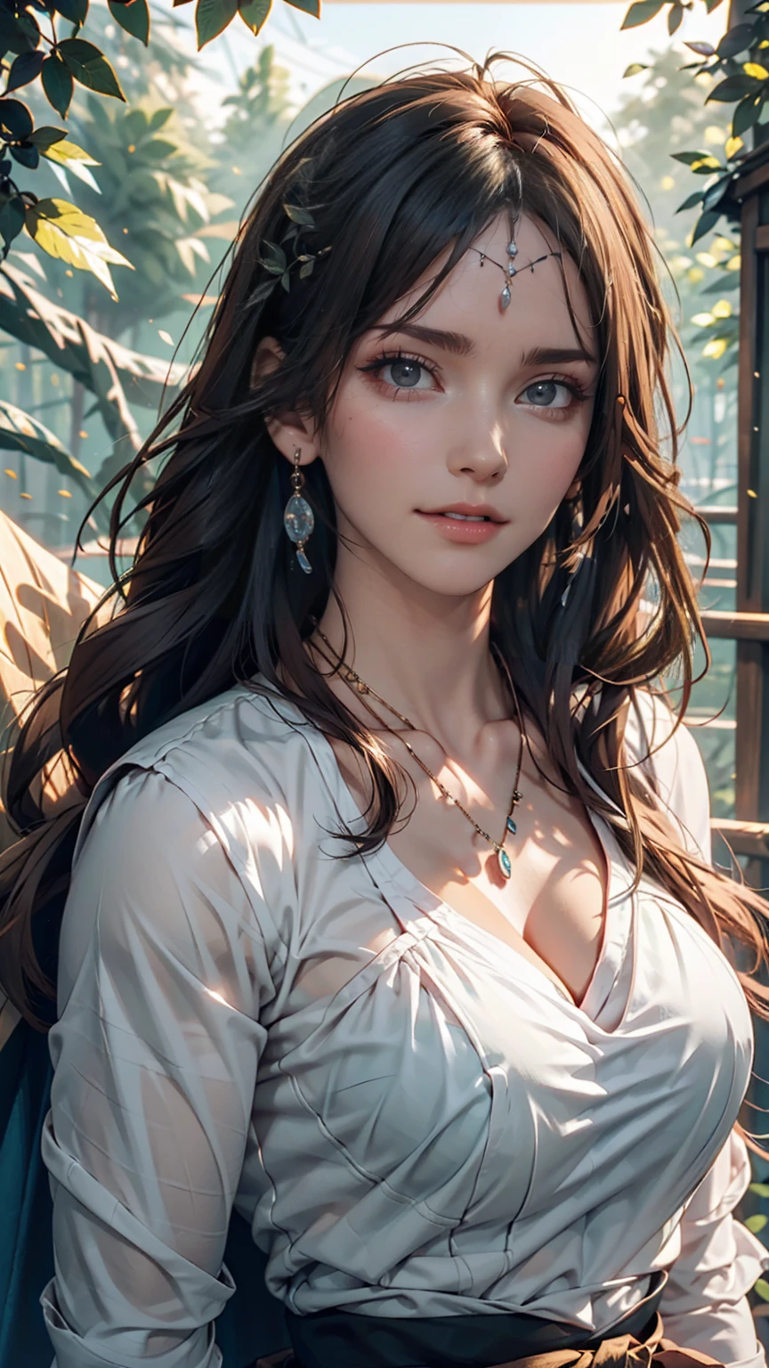 mj3d style,3dmm,3d,(masterpiece, Highest quality:1.1), Ghibli style, Mr. Miss. (mononoke hime), One person, Bracelet, bangs, Black Hair, black undershirt, chest, Cape, Circlet, Earrings, Face Paint, Floating Hair, forest, fur Cape, Green Eyes, jewelry, View your viewers, medium chest, nature, necklace, Outdoor, parted bangs, shirt, short hair, No sleeve, No sleeve shirt, alone, tooth necklace, wood, Upper Body, white shirt