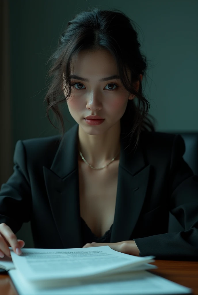 a medium shot of an elegant young lawyer, sitting at a desk in an interrogation room, wearing a tailored suit and glasses, flipping through a file as she speaks, detailed facial features, beautiful detailed eyes, beautiful detailed lips, extremely detailed eyes and face, long eyelashes, professional, high quality, photorealistic, 8k, studio lighting, sharp focus, physically-based rendering, vivid colors, dramatic lighting, moody atmosphere