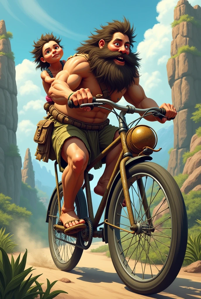 Caveman and big head riding a bike 