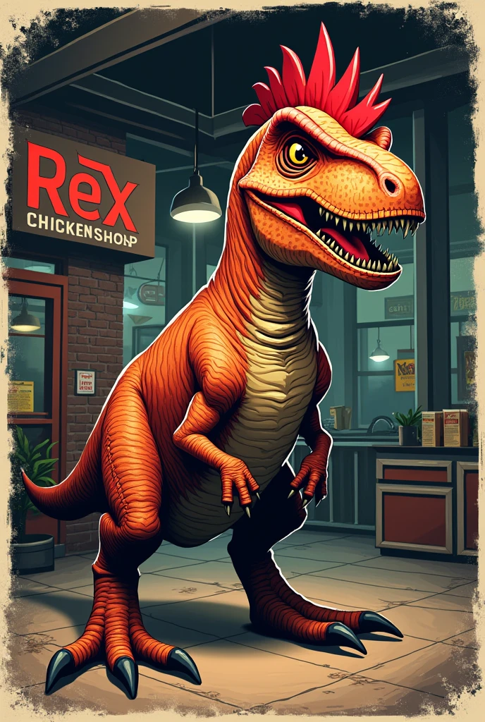 Create me an achievement for a chicken shop with the name Rex chicken shop with a picture of a dinosaur