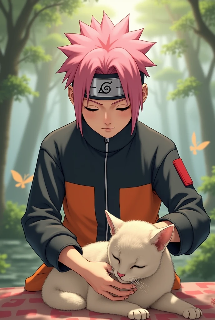 Naruto with pink hair doing a massage to a cat