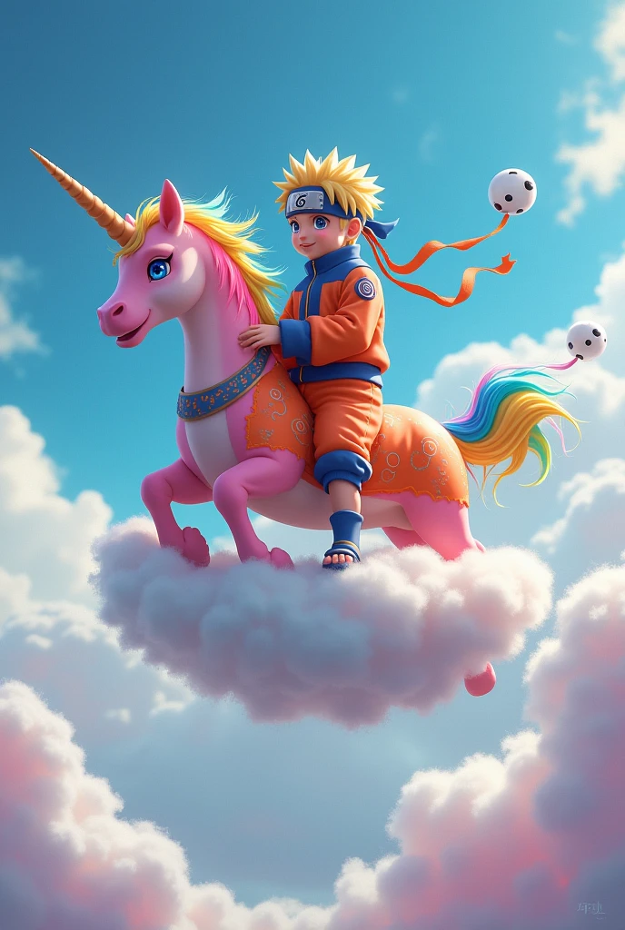 A gay unicorn in Naruto underwear riding a flying cloud with googly eyes