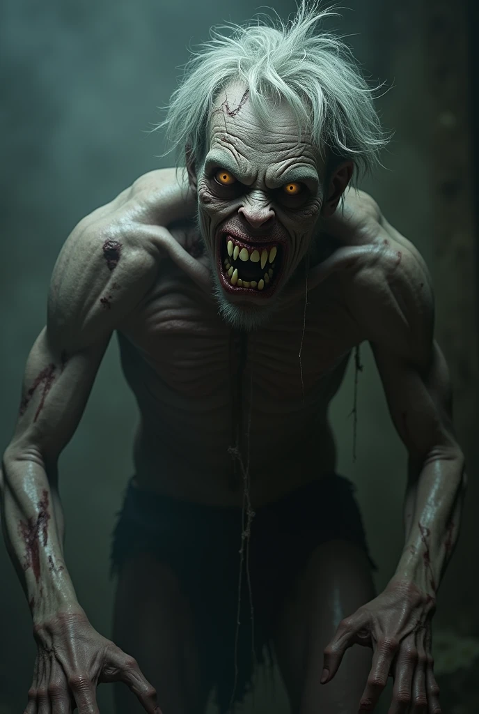 Magic Beast from the Grimm series, still look human, but its skin decays in such a way that it resembles a ,your teeth get sharp, and your hair turns gray.
