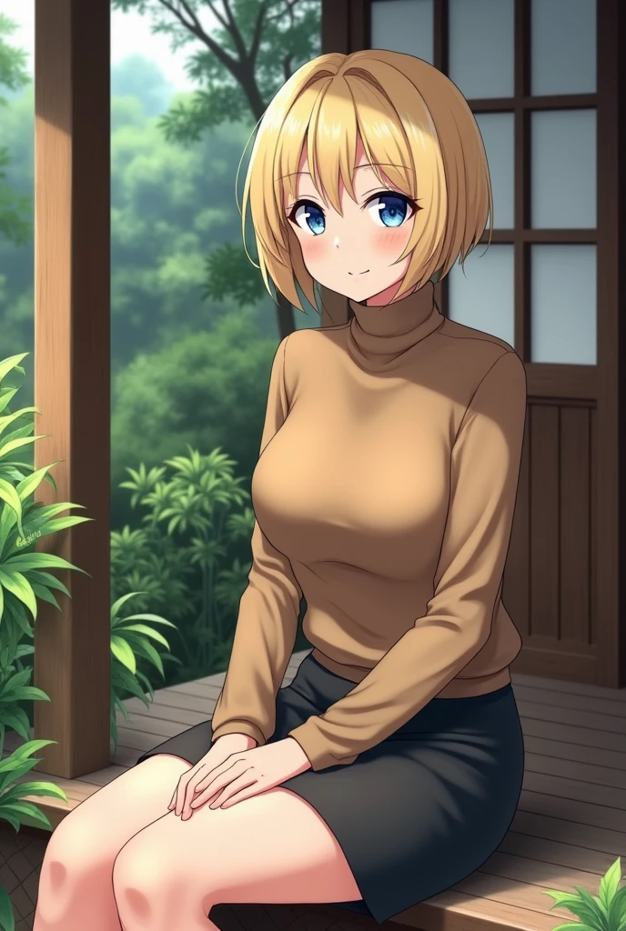 (photorealism:1.2), Anime woman, light blonde, wearing brown turtleneck sweater, wearing pencil skirt, short hair, smiling, blue eyes, grown woman, full body, sitting on the porch, japanese style home, plants in the garden