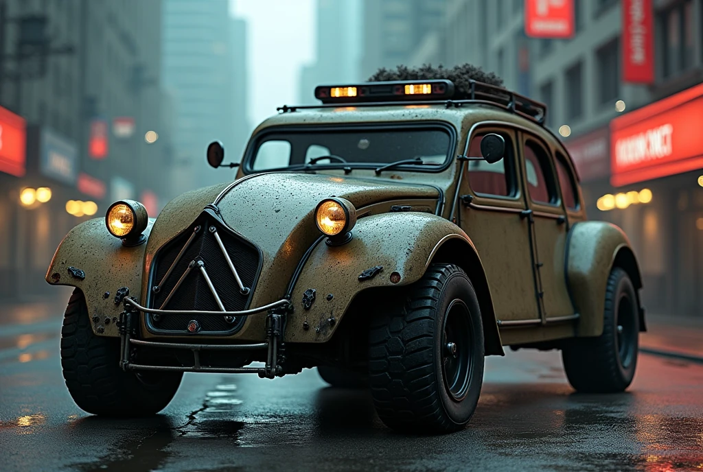 Cyberpunk Citroen Vintage Armored Wagon、Shallow depth of field、(masterpiece:1.3) (最high quality:1.2) (high quality:1.1)、Cinematic Light, ((Cinema Lighting),(Natural light),(High level of artistry),(artistic),(Indistinguishable quality from the real thing),RAW Photos,Genuine,Genuine,High resolution,RAW Photos,masterpiece, beautiful,