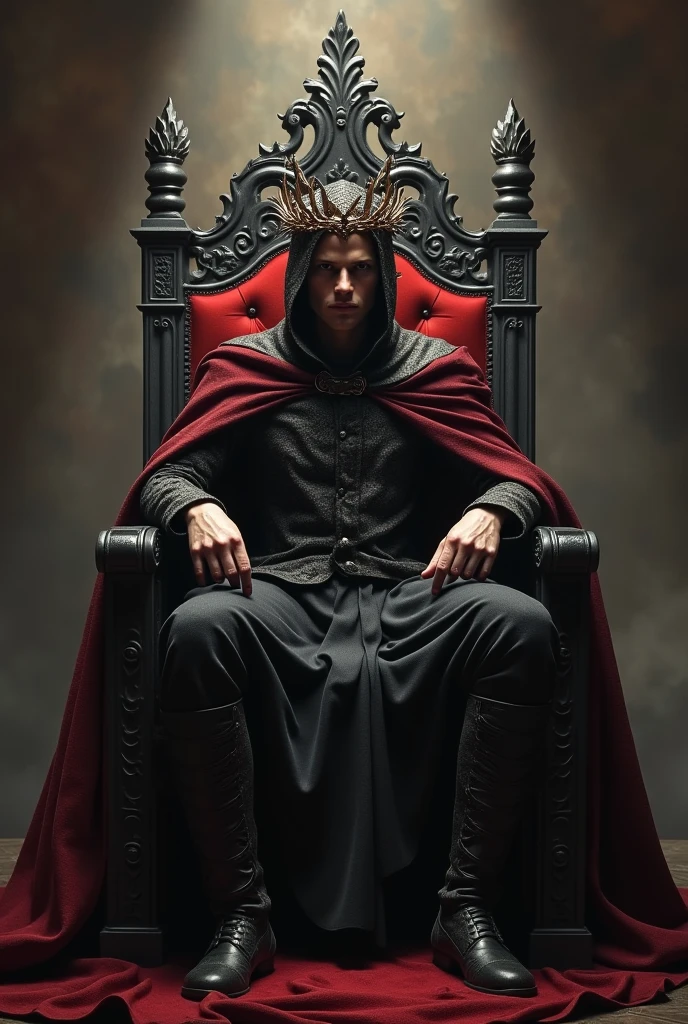 A young man evil king With a crown of thorns, with an imposing pose. Sitting on a throne