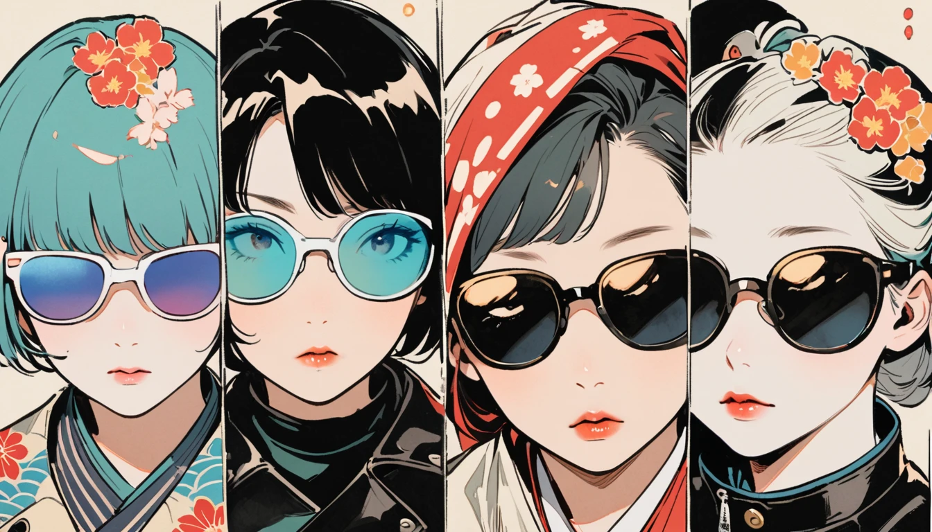(((Ink Painting))), (((from above))), (((trio))), (((Leather jacket with Japanese patterns))), (((sunglasses))), (((Very flashy makeup))), Japanese style headphones, face close-up, front view, Japan人の美少女, Black Hair, Delicate and precise, Modern ukiyo-e style,Japan, Droopy eyes, round face, Glare, Fuller lips, vivid color
