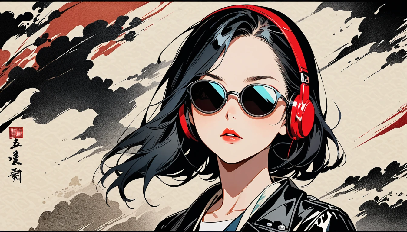 (((Ink Painting))), (((from above))), (((trio))), (((Leather jacket with Japanese patterns))), (((sunglasses))), (((Very flashy makeup))), Japanese style headphones, face close-up, front view, Japan人の美少女, Black Hair, Delicate and precise, Modern ukiyo-e style,Japan, Droopy eyes, round face, Glare, Fuller lips, vivid color