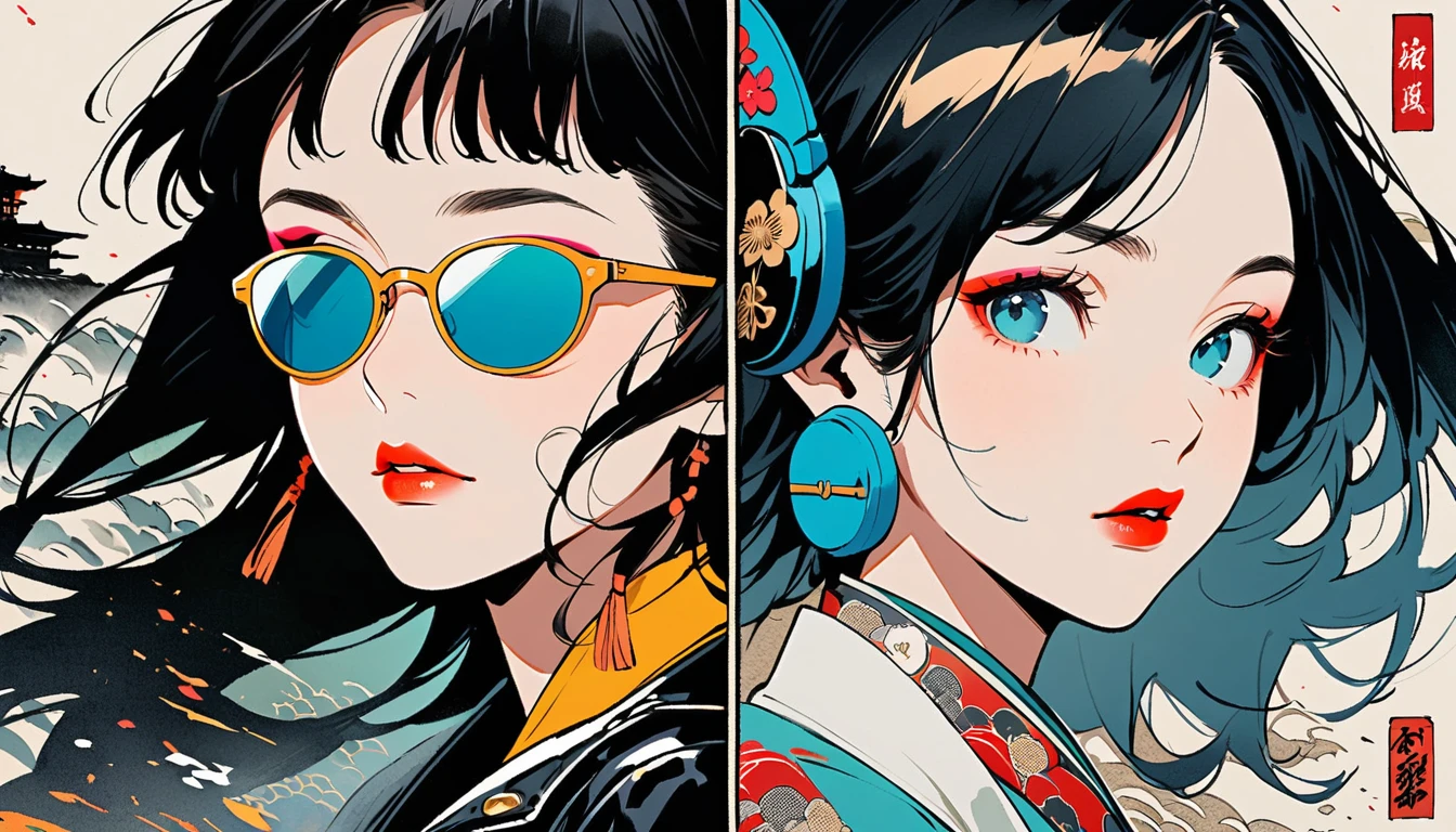 (((Ink Painting))), (((from above))), (((trio))), (((Leather jacket with Japanese patterns))), (((sunglasses))), (((Very flashy makeup))), Japanese style headphones, face close-up, front view, Japan人の美少女, Black Hair, Delicate and precise, Modern ukiyo-e style,Japan, Droopy eyes, round face, Glare, Fuller lips, vivid color