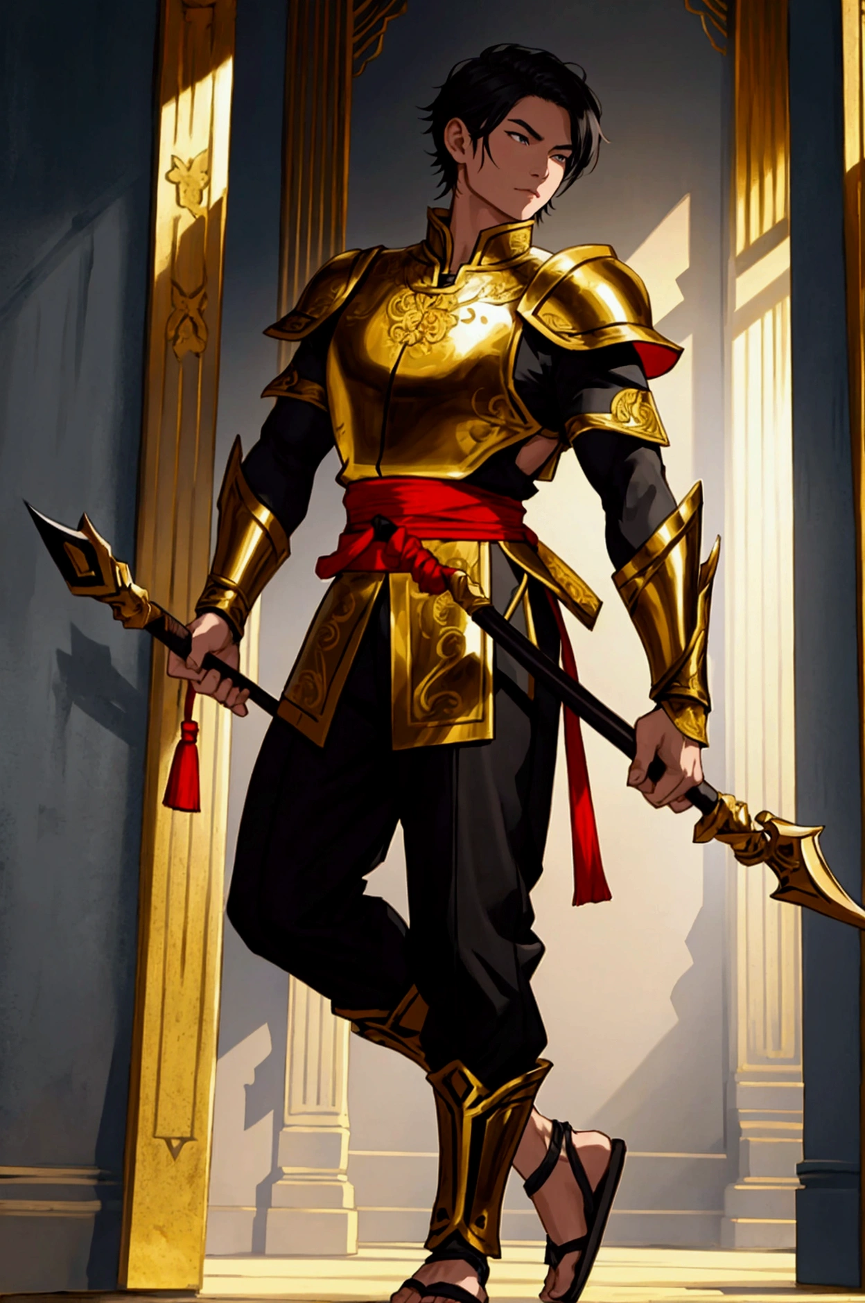 man,Wearing Thai warrior costume,Holding a bow as a weapon,short hair, shoe ,stand,high,Wearing a black and gold armor,Black Pants