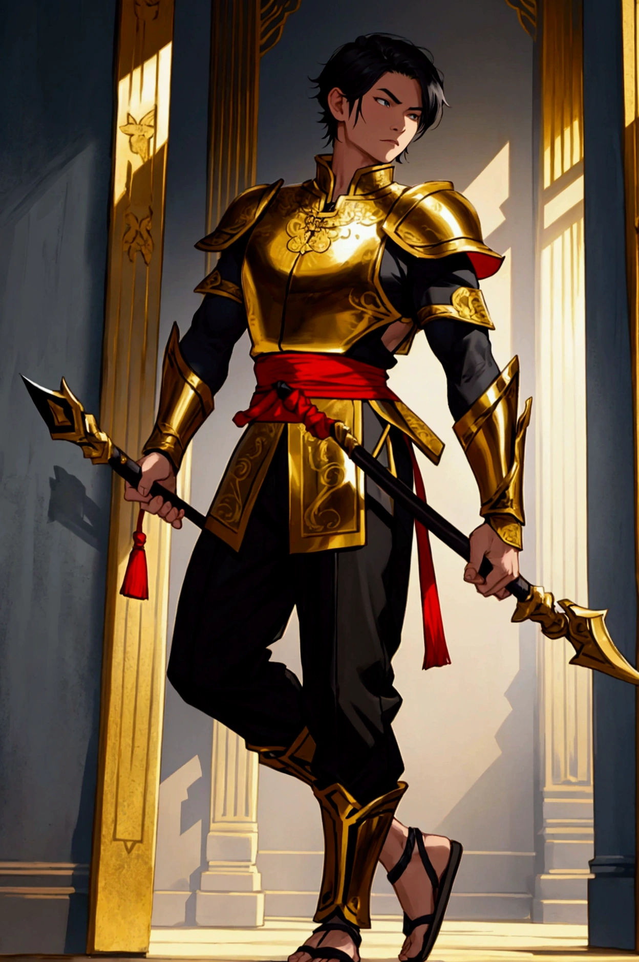 man,Wearing Thai warrior costume,Holding a bow as a weapon,short hair, shoe ,stand,high,Wearing a black and gold armor,Black Pants