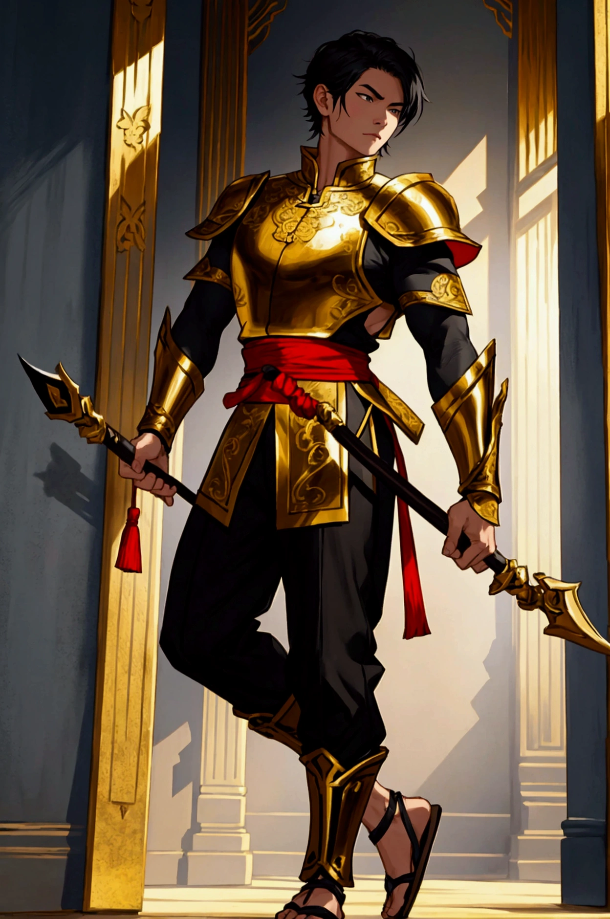 man,Wearing Thai warrior costume,Holding a bow as a weapon,short hair, shoe ,stand,high,Wearing a black and gold armor,Black Pants