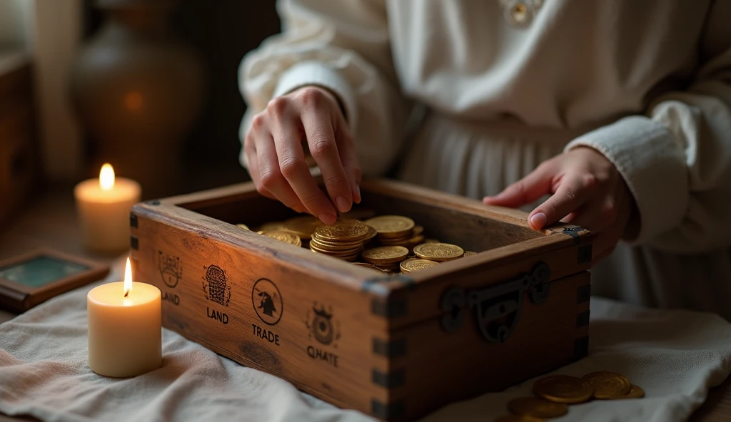 Create a hyper-realistic and mysterious image of a female hand, dressed in a simple linen tunic, placing several gold coins into different compartments of an intricately carved wooden chest. Each compartment is labeled with symbols representing different types of investments., as lands, trade and precious metals. The golden light from a nearby candle should gently illuminate the safe and coins., creating an environment of strategy and security. The scene should symbolize the practice of separating resources into different investments to ensure financial stability..