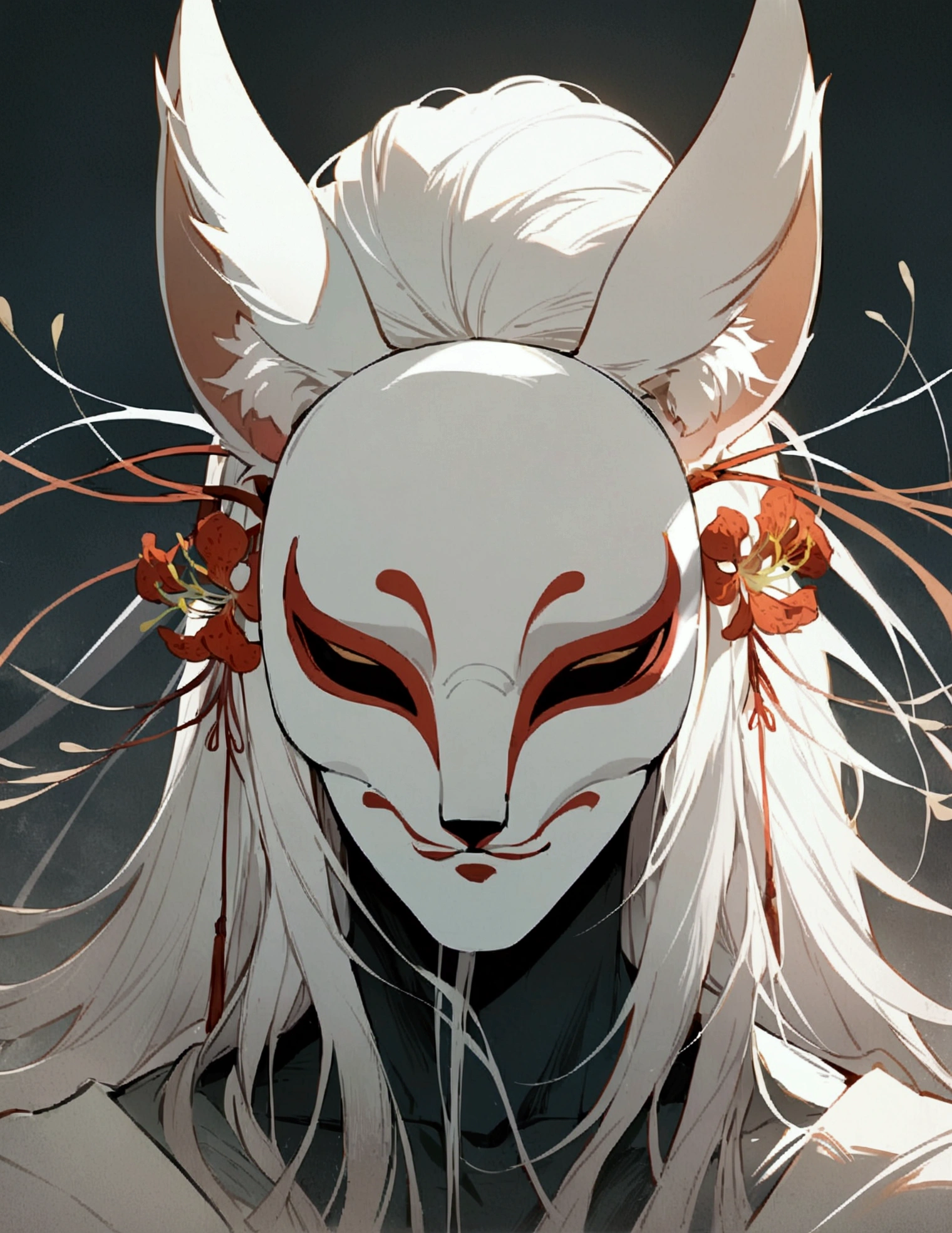 1boy, masculine, fox ears, white hair, long hair, masterpiece, illustration, chinese traditional style, face covered, masked, hannya mask, spider lillies, dark background
