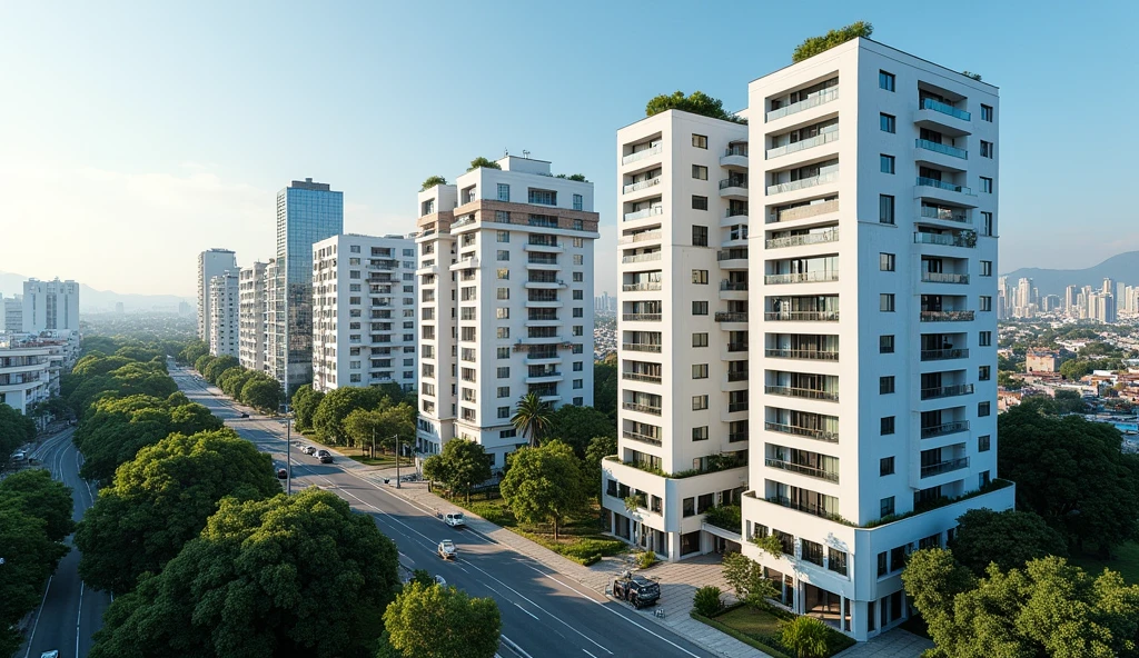 Create a realistic image in the form of a photograph that captures the city of Arequipa with an aerial view. on an important avenue that has on its sides eight residential buildings of modern and elegant design in white, each one with a different design, each with 15 floors and a height of 50 meters. It includes four commercial buildings with reflective mirror facades, each 15 stories and 50 meters high and of different design. Be sure to incorporate trees and vegetation into the environment to give it a natural touch. The perspective must show a panoramic view that highlights the scale and design of these buildings in the urban context of Arequipa.