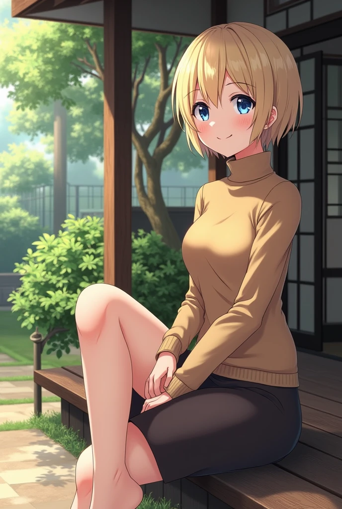 (photorealism:1.2), Anime woman, light blonde, wearing brown turtleneck sweater, wearing pencil skirt, short hair, smiling, blue eyes, grown woman, full body, sitting on the porch, japanese style home, plants in the garden