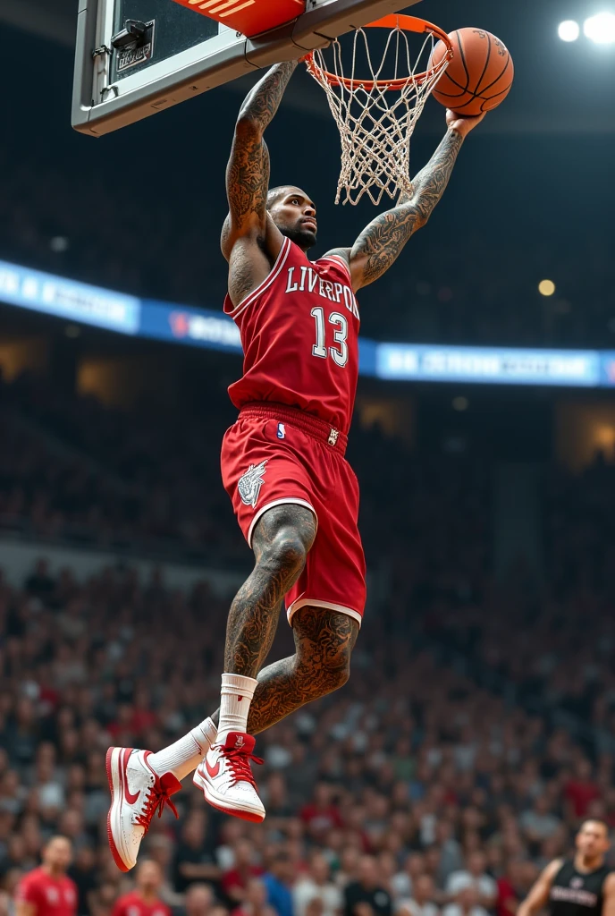 “A white basketball player with full-body tattoos, dressed in hip-hop style, performing a difficult dunk for the Liverpool team and wear rare  jordan sneaker