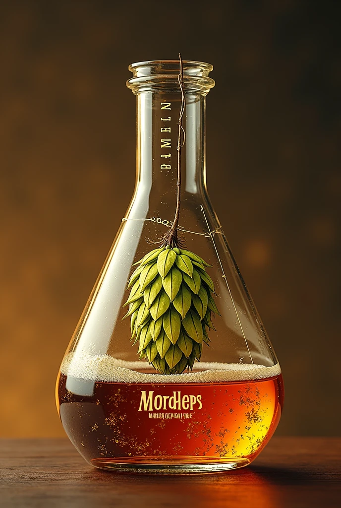 Label for a bottle of beer, Let's call it Neyjhops, that is inspired by a chemical flask, and that also has a hop.