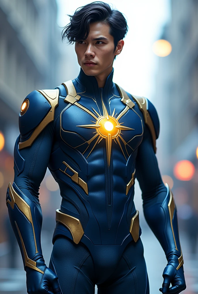 super-hero, man, 23-year old, short blond hair, blue eyes, (yellow and black tights), (morphing into protoplasm), photorealistic, particle effects, raytracing, depth of field,