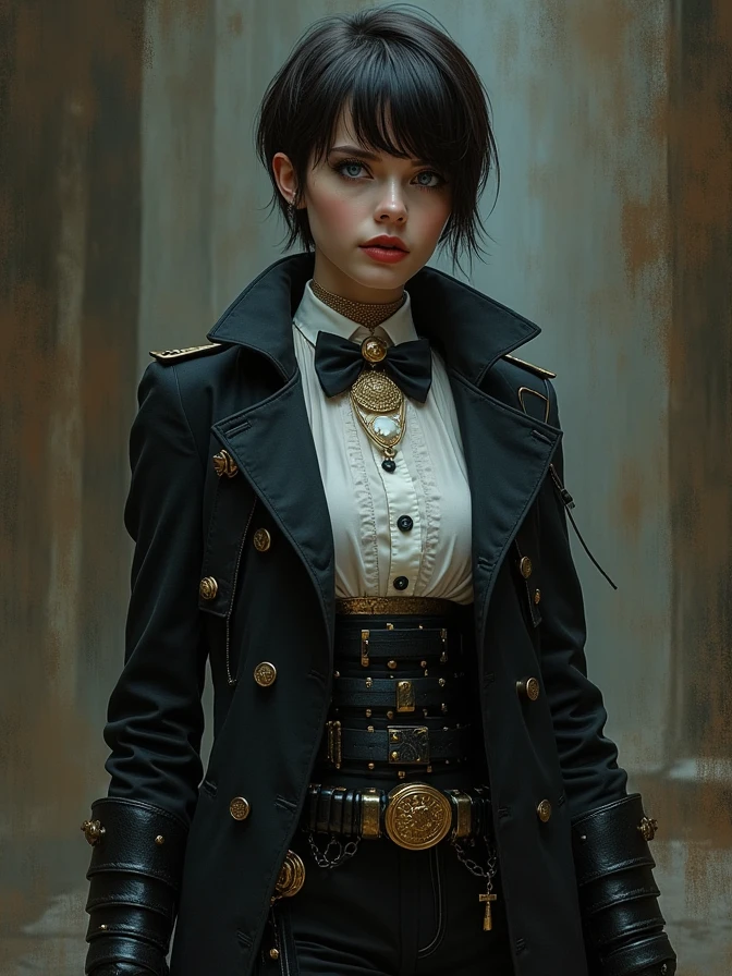 full body shot of one Beautiful woman. dark brown hair, pixie haircut. blue eyes. daring outfit. goth tomboy. maidenly charm.  butler sirt and bowtie under Knightly cyber armor. golden accessories. Napoleonic trenchcoat. Dark sci-fi. Warhammer 40k. Dieselpunk. baroque oil painting.