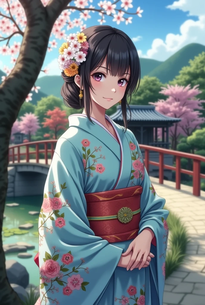 (masterpiece、Highest quality、8k、High resolution)、Traditional Japanese beauty in kimono、(The best girl in anime)、Floral pattern on white background、Vibrant colors、Japanese garden、There is a pond、Colorful flowers、Vibrant colors、Cherry Blossom、There is a drum bridge、A complete portrayal、Detailed anime art、