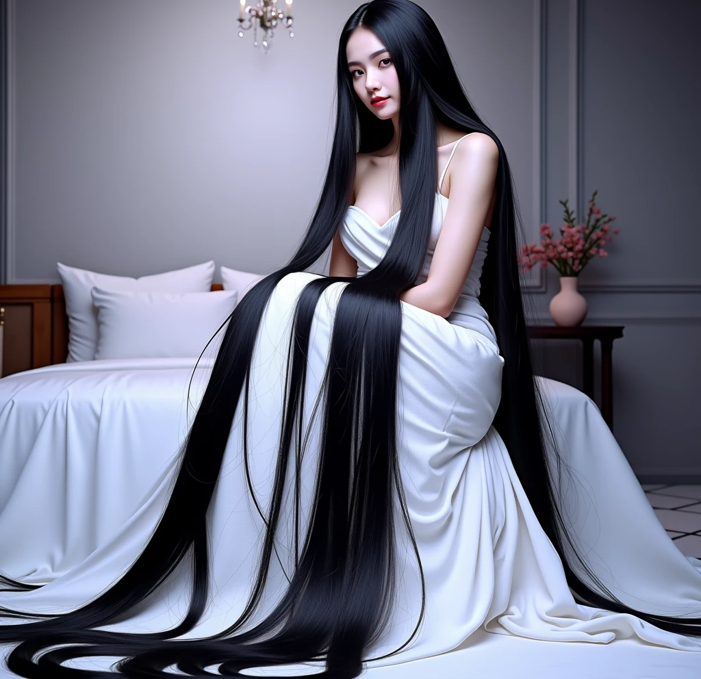 (Best image quality、highest quality、Highest Resolution、Super realistic photos、Full body photo、masterpiece、)1 girl、Beautiful woman with amazingly long dark hair、Hair length: about 10 meters、White underwear or naked、Covering the whole body with jet black straight hair、Very beautiful face、Beautifully groomed black hair、Very large amounts of hair、Emphasise the female'Sexy long black hair、Slim figure、Beautiful and shiny hair、Bright lighting、Professional Lighting、World Long Hair Contest Winner、Full body photo、Head to toe photos、Taken from about 4 meters away、Super real、Please stand up straight、both hands、2 feet、Five Fingers、The longest black hair in the world、lying in bed with long hair spread、Long hair spread out on the bed, spilling out of bed.、My hair is heavy、Hair longer than Rapunzel、Very large amounts of hair、Lying face down on the bed、I hide my whole body with very long black hair、Hair that is shampooed every day is so beautiful、My hair smells like rosey sexiness lies in my long black hair、My charm is in my long black hair.、Long black hair is a symbol of beauty、I'm proud of my long black hair、Cover your whole body with straight black hair、Very beautiful face、Beautiful, well-groomed black hair、Very large amount of hair、Super long black hair that emphasizes her feminine sexiness、Slim figure、Shiny, beautiful hair、Bright lighting、Professional Lighting、World Long Hair Contest Winner、Full body photo、Head to toe photos、Taken from about 4 meters away、Super real、both hands、2-pin、Five fingers、The longest black hair in the world、My hair is heavy and tired、Hair longer than Rapunzel、Very large amount of hair、Very long black hair covers the whole body、My hair is so clean when I shampoo it every day、My hair smells like roses and it's sexy。Very long black hair。、私はVery long black hairを持っています、私はVery long black hairを持っています、Long black hair is a symbol of beauty、I'm proud of my very long black hair.、The length and volume of this long hair is admired around the world.、Very long black hair spreads out in a fan shape、Backward