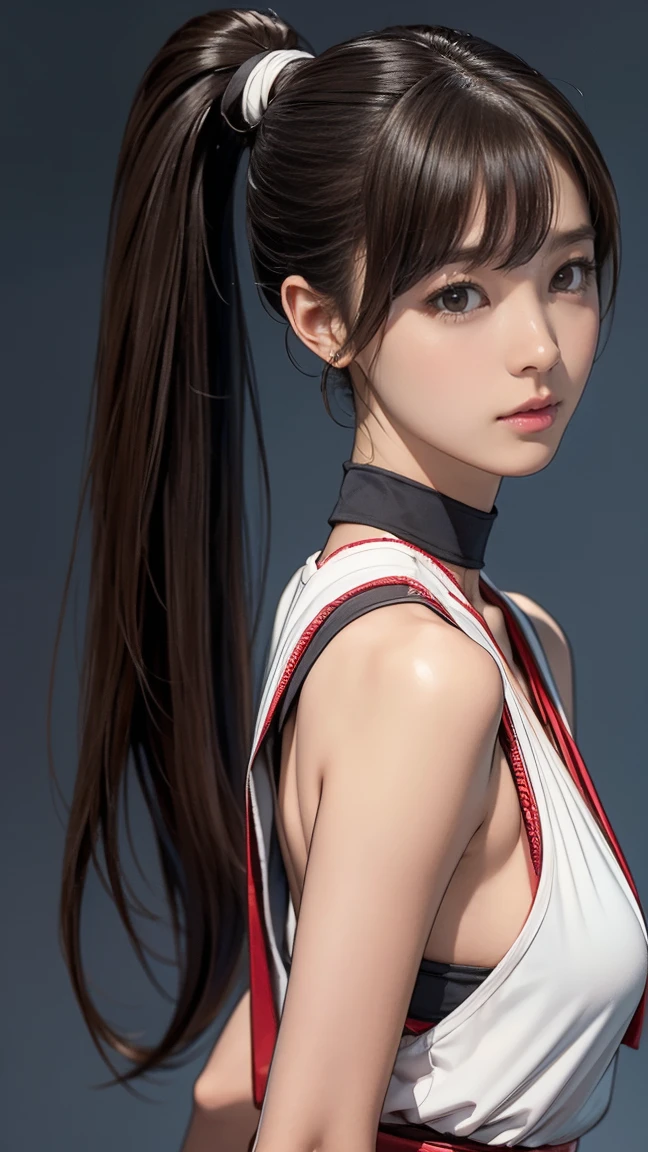 ((masterpiece)),(((Highest quality))),((Reference Sheet, Character Design, front, return, ~ ~ ~ side, Mr...々Hairstyle, Mr...々performance, Facial Expressions)), , Cute type,  (Very slim:1.4),  (Very small ass:1.4), Realistic buttocks, Big Breasts, Short Bob, Thin thighs, Long legs, It's not a big deal, (Browsing Caution:1.0)), 1girl, 独奏, long hair, breasts, looking at viewer, medium breasts, (extremely soft breasts, breasts apart), medium nipples, erect nipples, brown hair, bare shoulders, brown eyes, closed mouth, upper body, ponytail, japanese clothes, sleeveless, choker, blurry, arm up, lips, parted bangs, sash, blurry background, high ponytail, rope, 手链, arms behind head, ninja, shiranui mai, 