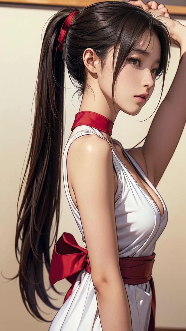 ((masterpiece)),(((Highest quality))),((Reference Sheet, Character Design, front, return, ~ ~ ~ side, Mr...々Hairstyle, Mr...々performance, Facial Expressions)), , Cute type, (Very slim:1.4), (Very small ass:1.4), Realistic buttocks, Big Breasts, Short Bob, Thin thighs, Long legs, It's not a big deal, (Browsing Caution:1.0)), 1girl, 独奏, long hair, breasts, looking at viewer, medium breasts, (extremely soft breasts, breasts apart), medium nipples, erect nipples, brown hair, bare shoulders, brown eyes, closed mouth, upper body, ponytail, japanese clothes, sleeveless, choker, blurry, arm up, lips, parted bangs, sash, blurry background, high ponytail, rope, 手链, arms behind head, ninja, shiranui mai,
