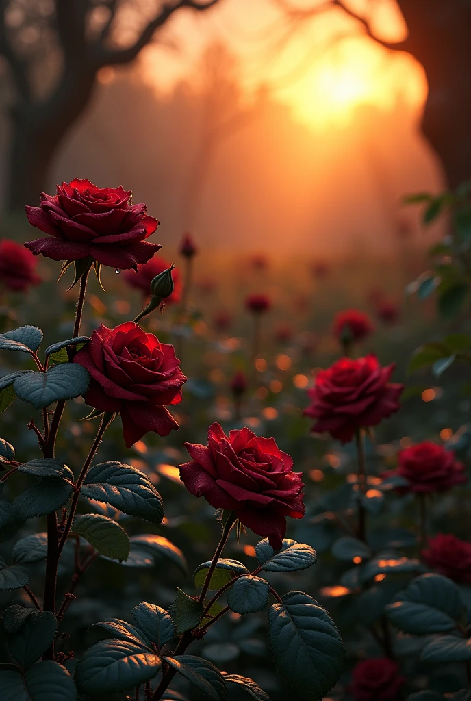 Black rose garden in sunset