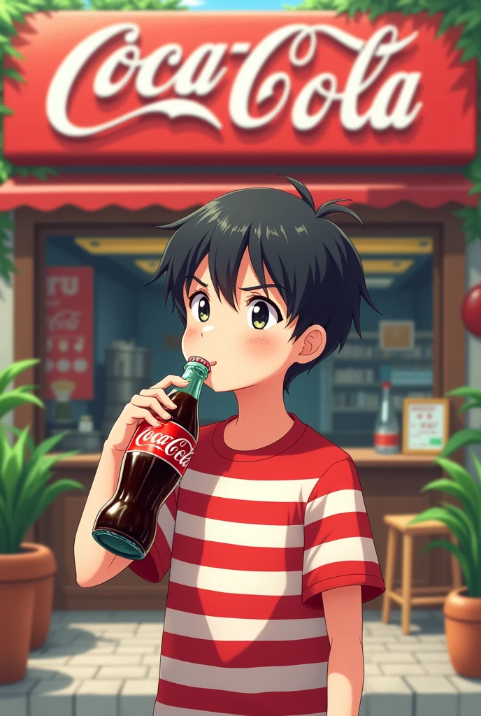   A photo of a lively scene at the Coca-Cola Shop. There is a boy drinking a bottle of Coca-Cola. The boy is wearing a red and white striped The background contains the Coca-Cola Shop sign, potted plants, and image.,a little cartoon , anime 