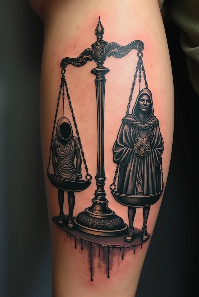 Tattoo of a scale with a poor man on one side and a rich man on the other side