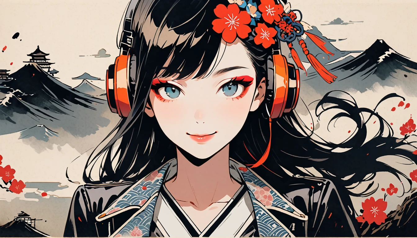 (((Ink Painting))), (((from above))), (((trio))), (((Leather jacket with Japanese patterns))), (((Fearless smile))), (((Very flashy makeup))), Japanese style headphones, face close-up, front view, Japan人の美少女, Black Hair, Delicate and precise, Modern ukiyo-e style,Japan, Droopy eyes, round face, Glare, Fuller lips, vivid color