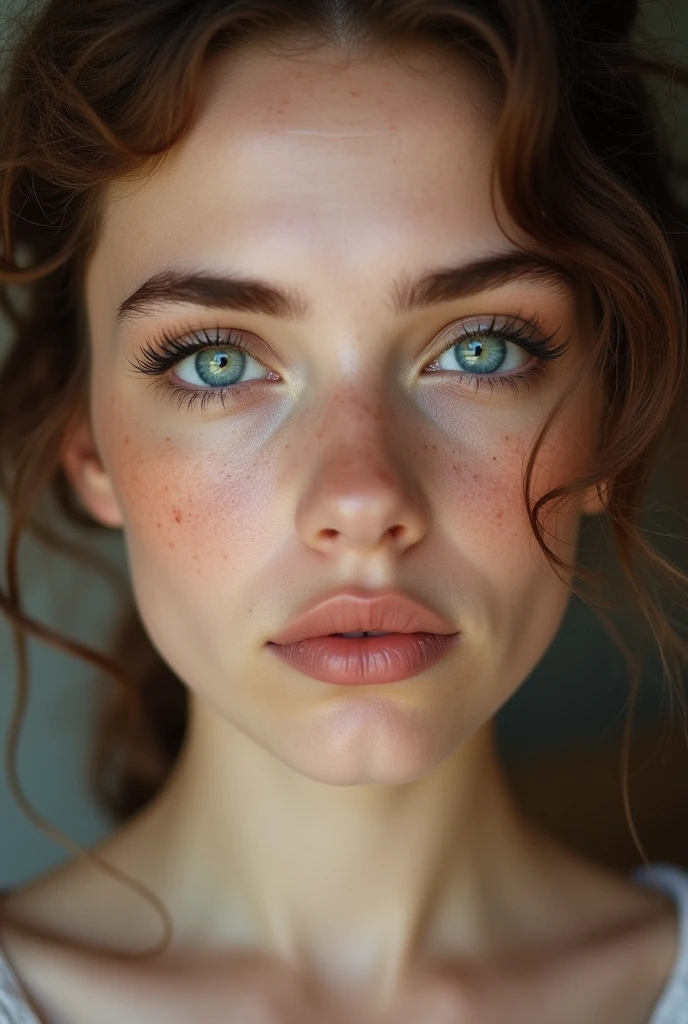 Woman too beautiful, beautiful eyes with long eyelashes, nose a little round, colombian, white skin with freckles, tender and innocent face