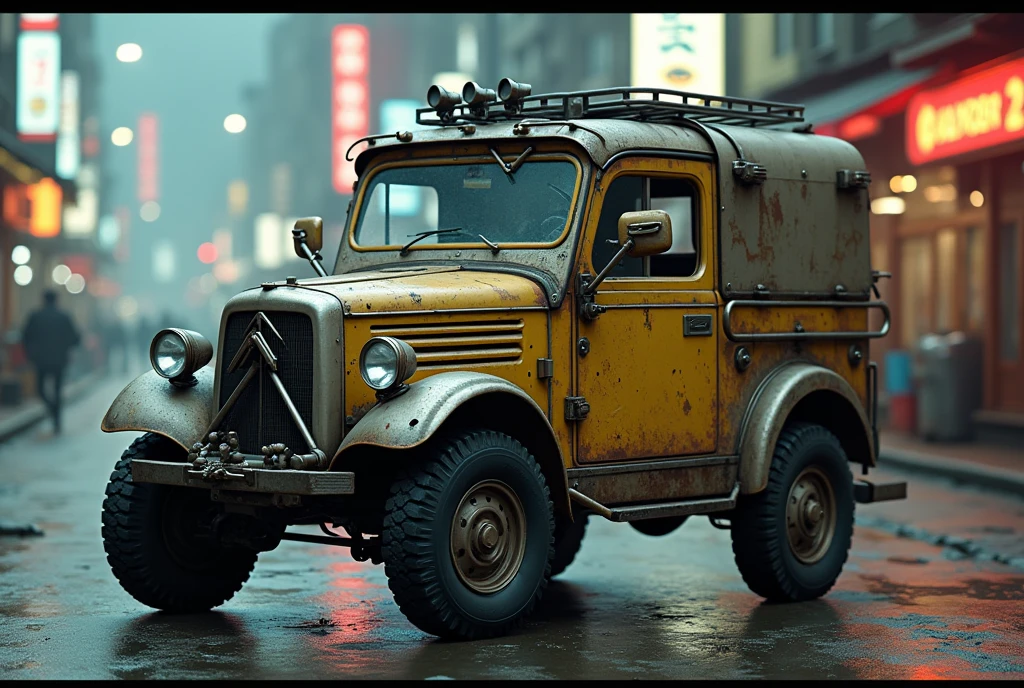 Cyberpunk Citroen vintage armored tuk-tuk、Shallow depth of field、(masterpiece:1.3) (最high quality:1.2) (high quality:1.1)、Cinematic Light, ((Cinema Lighting),(Natural light),(High level of artistry),(artistic),(Indistinguishable quality from the real thing),RAW Photos,Genuine,Genuine,High resolution,RAW Photos,masterpiece, beautiful,