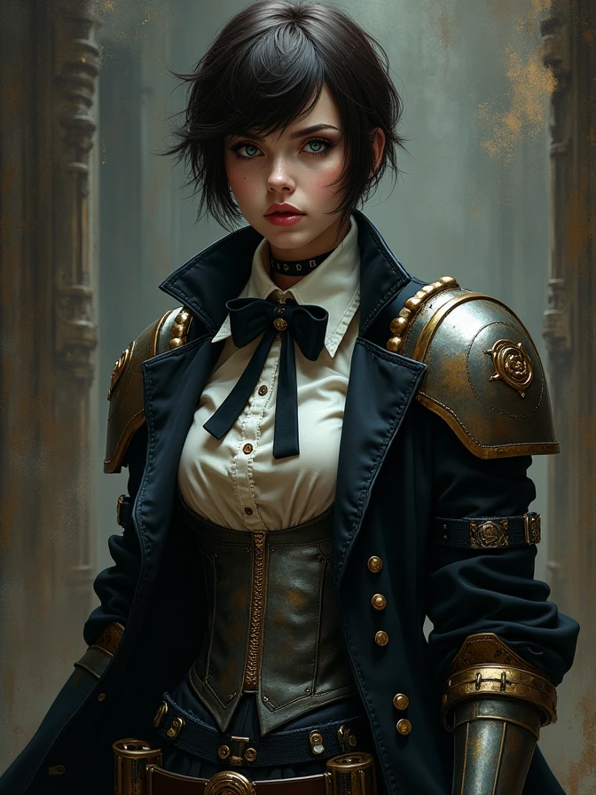 full body shot of one Beautiful woman. dark brown hair, pixie haircut. blue eyes. daring outfit. goth tomboy. maidenly charm. butler sirt and bowtie under Knightly cyber armor. golden accessories. Napoleonic trenchcoat. Dark sci-fi. Warhammer 40k. Dieselpunk. baroque oil painting.