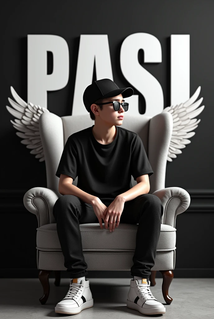 young teen boy in a black shirt sitting casually on a wingback chair. Wearing sneakers ,a black cap, and sunglasses, he looks ahead. The background features  ''PASI'' in big and capital white fonts on the black wall. There should not be his shadow, and there are wings to make it appear as if he is an angle,3d