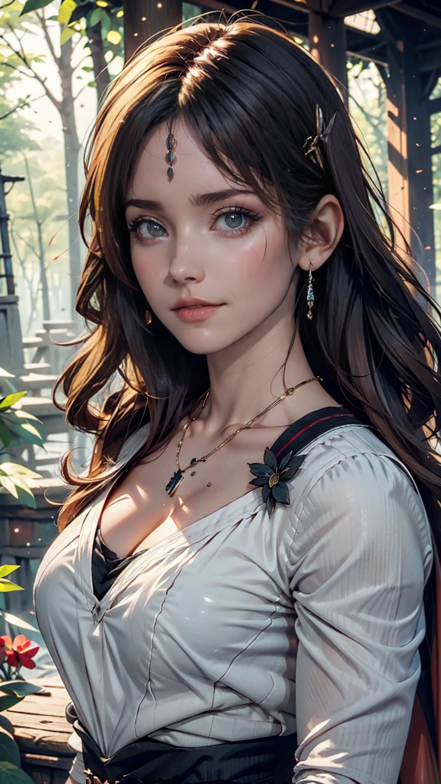 mj3d style,3dmm,3d,(masterpiece, Highest quality:1.1), Ghibli style, Mr. Miss. (mononoke hime), One person, Bracelet, bangs, Black Hair, black undershirt, chest, Cape, Circlet, Earrings, Face Paint, Floating Hair, forest, fur Cape, Green Eyes, jewelry, View your viewers, medium chest, nature, necklace, Outdoor, parted bangs, shirt, short hair, No sleeve, No sleeve shirt, alone, tooth necklace, wood, Upper Body, white shirt