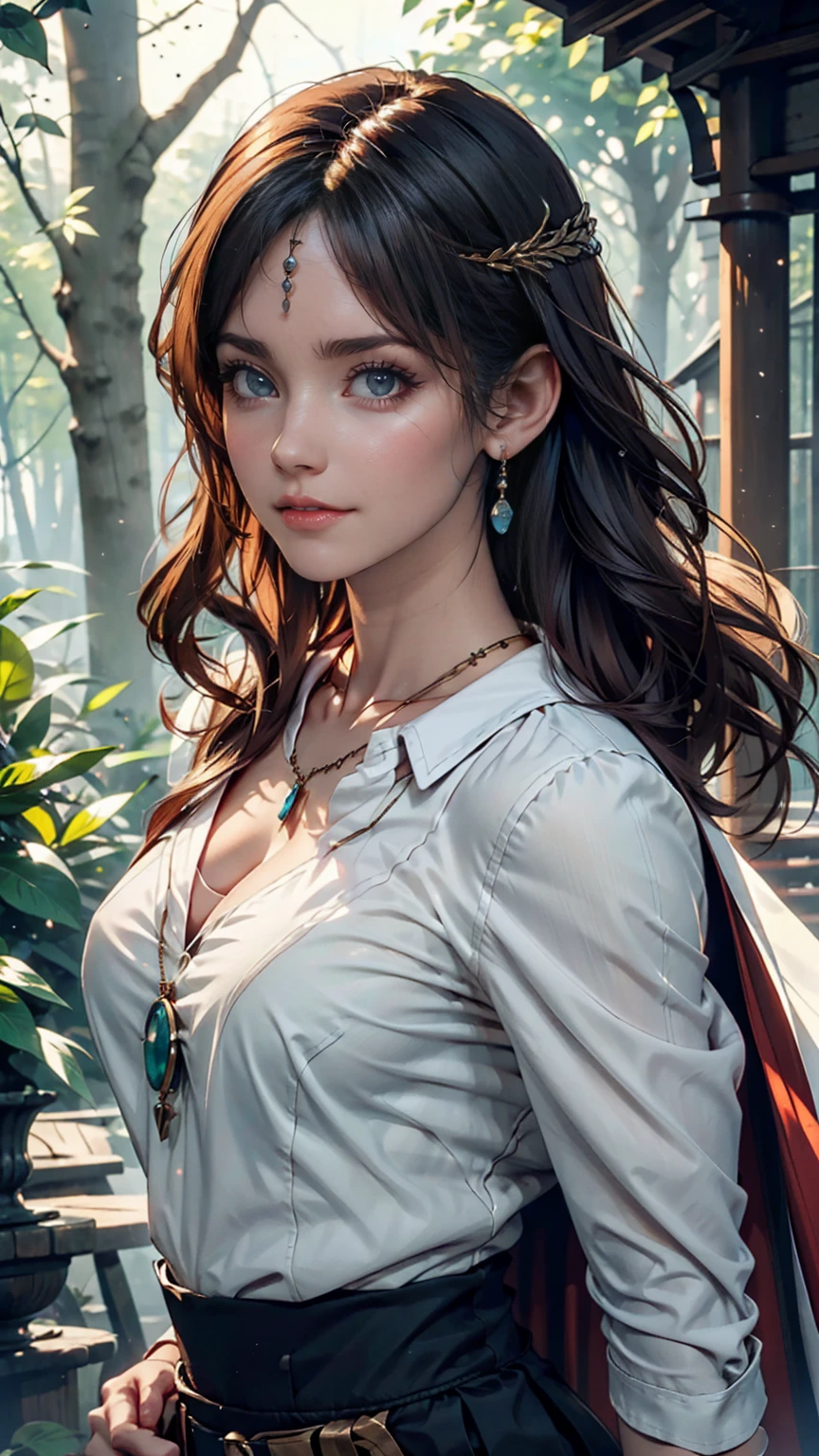 mj3d style,3dmm,3d,(masterpiece, Highest quality:1.1), Ghibli style, Mr. Miss. (mononoke hime), One person, Bracelet, bangs, Black Hair, black undershirt, chest, Cape, Circlet, Earrings, Face Paint, Floating Hair, forest, fur Cape, Green Eyes, jewelry, View your viewers, medium chest, nature, necklace, Outdoor, parted bangs, shirt, short hair, No sleeve, No sleeve shirt, alone, tooth necklace, wood, Upper Body, white shirt