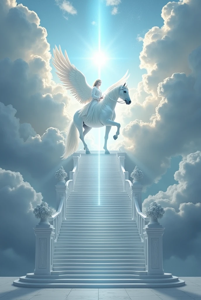 Generate an image with the sky full of clouds and in the middle an infinite staircase with a white marble throne and in front an angel on top of a winged horse that shines a glittering light.