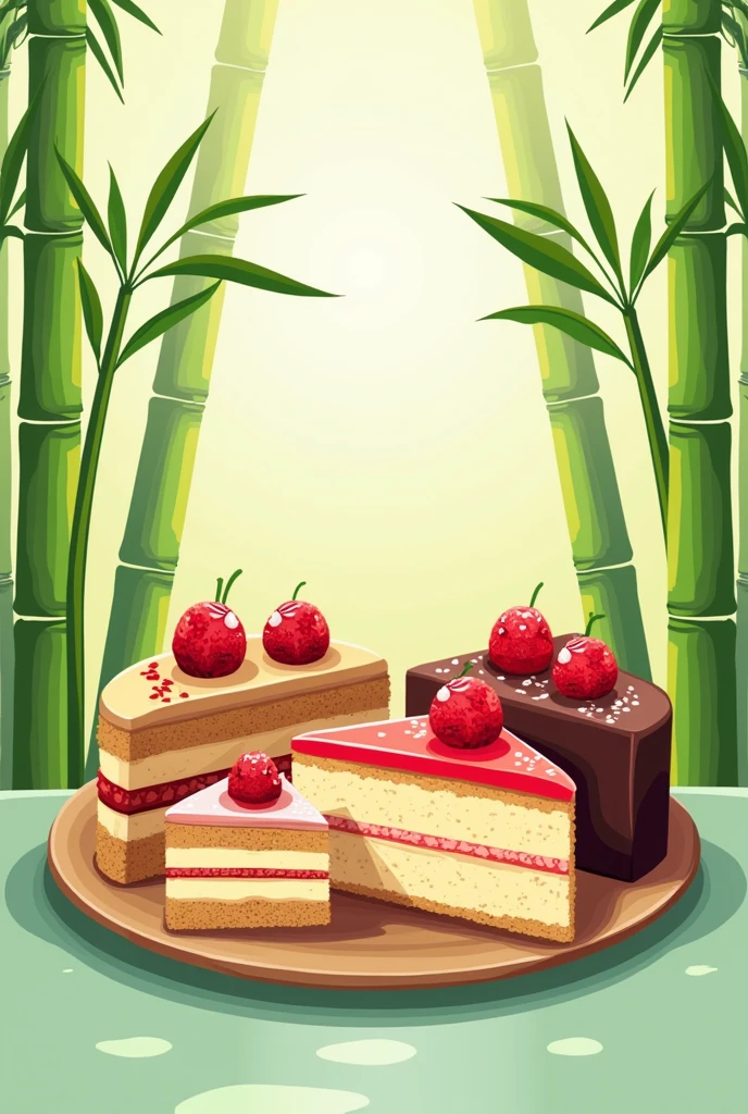 Logo of a cake shop with images of bamboo and cakes and the name bamboo cakes color of the bamboo image very green and very nature