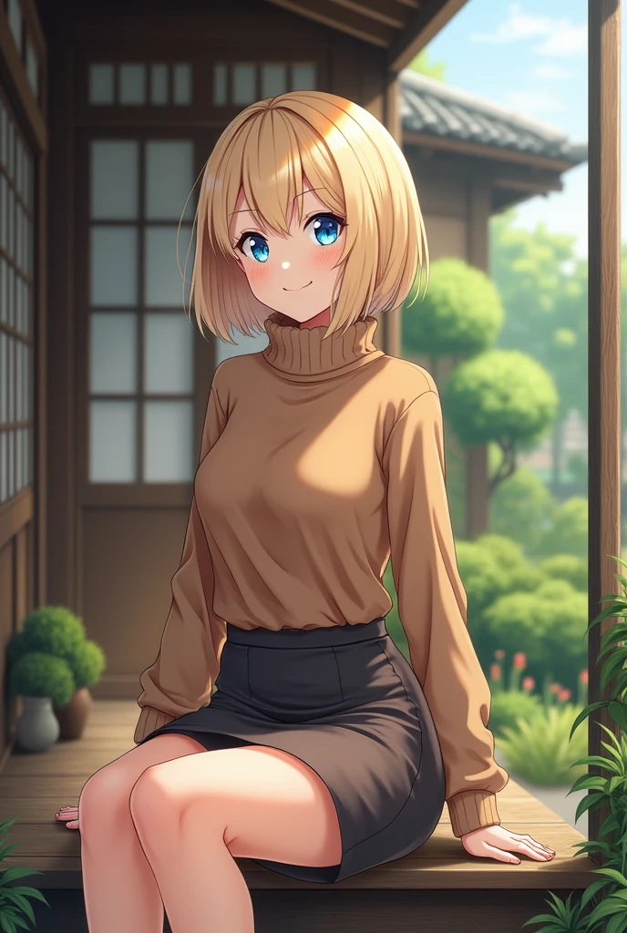(photorealism:1.2), Anime woman, light blonde, wearing brown turtleneck sweater, wearing pencil skirt, short fluffy hair, smiling, blue eyes, grown woman, full body, sitting on the porch, japanese style home, plants in the garden