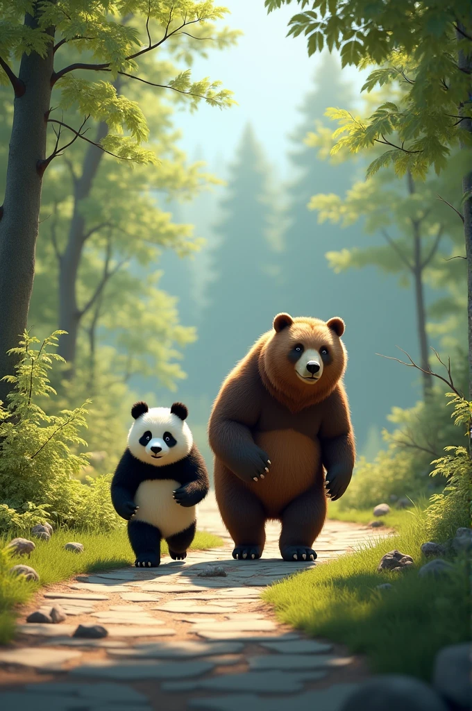 Make an image where a panda bear and a brown bear walk along a path facing branches and stones.