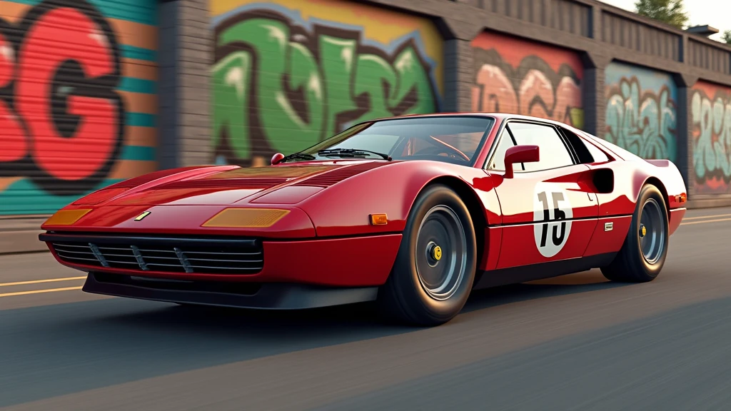 A stunning 3D render of a classic Ferrari GTB 296, styled as GRAND PRIX with the driver's initials, cinematic image. The car is shown in a dynamic motion, its sleek red body gleaming under the sunlight. The background features a graffiti-filled urban landscape, The overall atmosphere is intense and dynamic, evoking the thrill of high-speed racing., graffiti, 3d render, typography, cinematic, graffiti